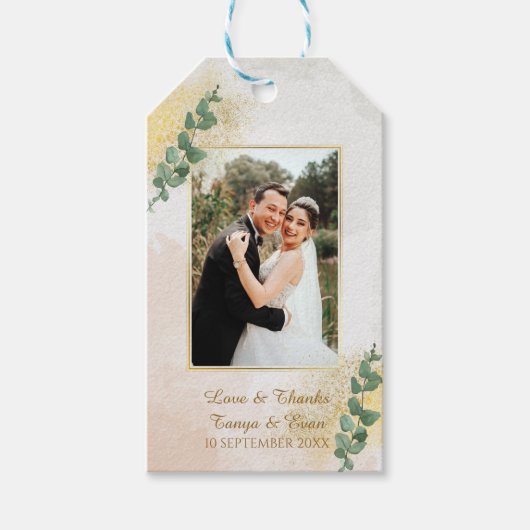 Elegante groene & gouden foto bruiloft cadeaulabel (Voorkant)