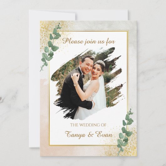 Elegante groene & gouden foto bruiloft uitnodiging (Voorkant)