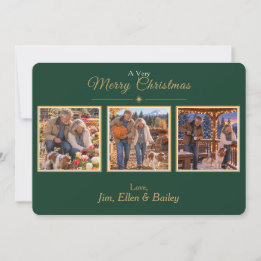 Elegante groene gouden kerstkaart met 3 foto's voo