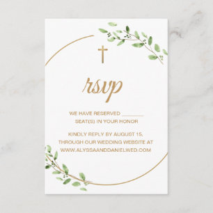Elegante groene gouden kruis christelijke trouwdag RSVP kaartje