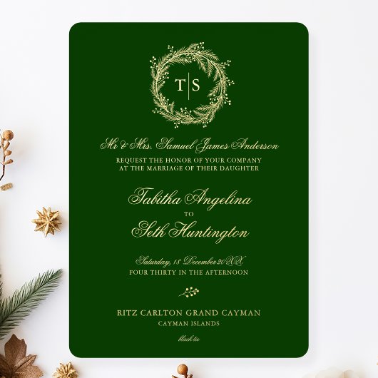 Elegante groene gouden monogram bruiloft folie uitnodiging