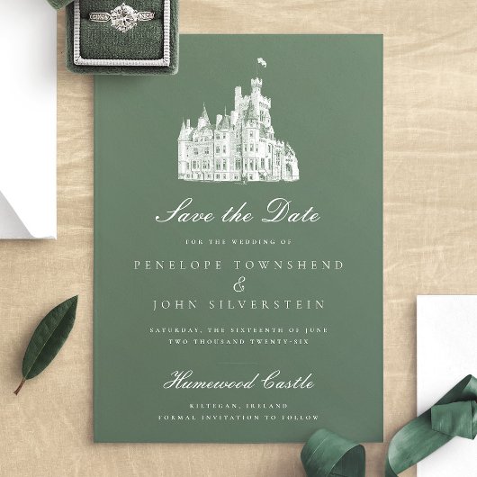 Elegante groene  kasteelillustratie bruiloft save the date