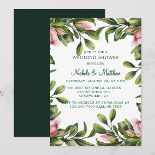 Elegante groene krans met roze rozenknop bruiloft kaart
