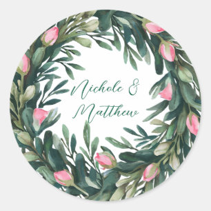 Elegante groene krans met roze rozenknop bruiloft ronde sticker