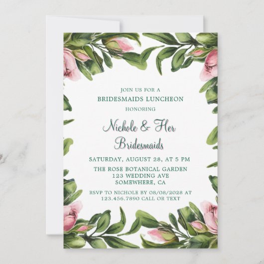 Elegante groene krans roze knop bruidsmeisjes lunc kaart (Voorkant)
