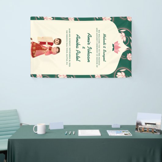 Elegante Groene Lotus Lantaarns Mehndi Sanget Indi Spandoek (Beurs)