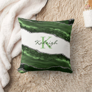 Elegante groene marmeren zilveren glans monogram kussen