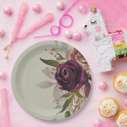 Elegante Groene Paarse Pruim en Gouden Bloemenbrui Papieren Bordje (Feest)