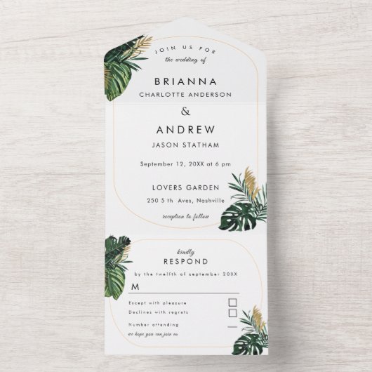 Elegante, groene palm, gouden (imitatie) rand all in one uitnodiging (Binnen)