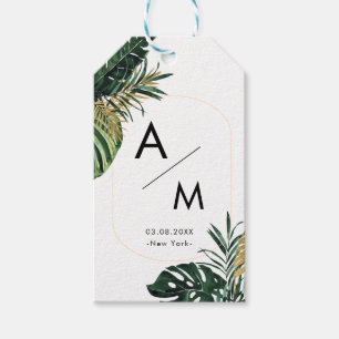 Elegante, groene palm, gouden (imitatie) rand cadeaulabel