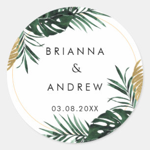 Elegante, groene palm, gouden (imitatie) rand ronde sticker
