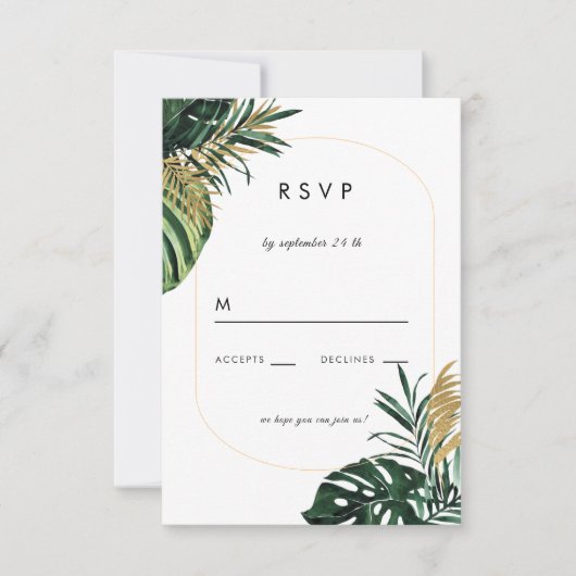 Elegante, groene palm, gouden (namaak)rand RSVP kaartje (Voorkant)