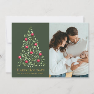 Elegante Groene & Rood Goud Botanische Familie Fot Feestdagenkaart
