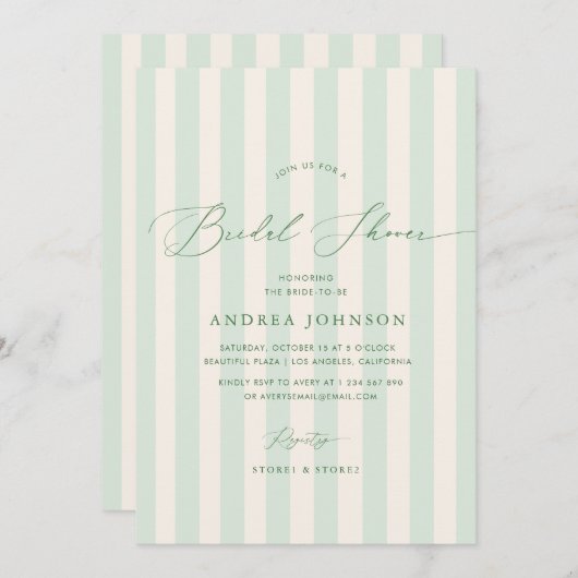 Elegante groene strepen bruids douche uitnodiging (Voorkant / Achterkant)