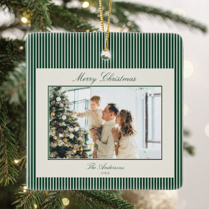 Elegante groene strepen Kerst foto Keramisch Ornament