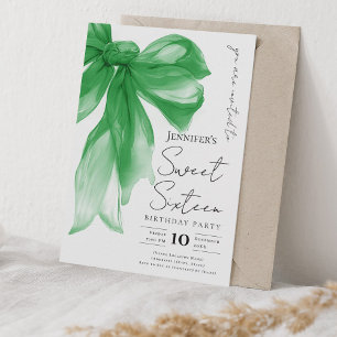 Elegante Groene Strik Coquette Script Sweet 16 Fee Kaart