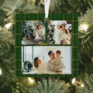 Elegante groene tartan familie foto kerstkaart metalen ornament