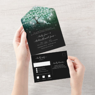 Elegante groene tint van blauwe hartbladboom bruil all in one uitnodiging