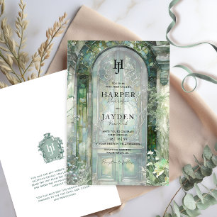 Elegante Groene Tuin Aquarel Trouw Monogram Kaart