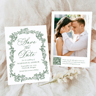 Elegante Groene Victoriaanse Bloem QR Code Trouwda Save The Date