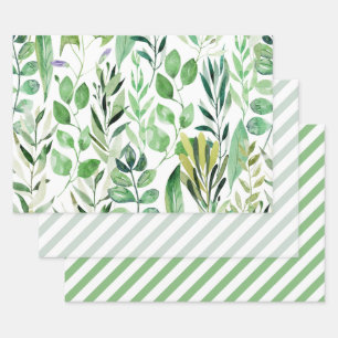 Elegante groene watercolorbladeren diagonale strep inpakpapier vel