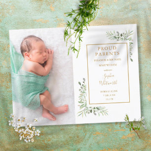 Elegante groene waterverf babyfoto geboorte aankondigingskaart