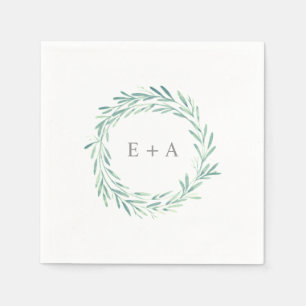 Elegante Groene Waterverf Krans Monogram Bruiloft Servet