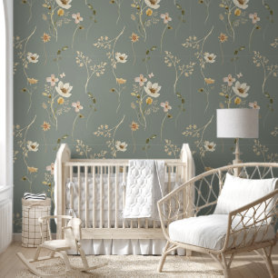 Elegante Groene Wildflowers Floral Waterverf Behang