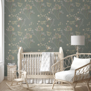 Elegante Groene Wildflowers Floral Waterverf Behang