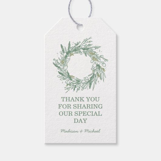 Elegante groene winter botanische krans bruiloft cadeaulabel (Voorkant)