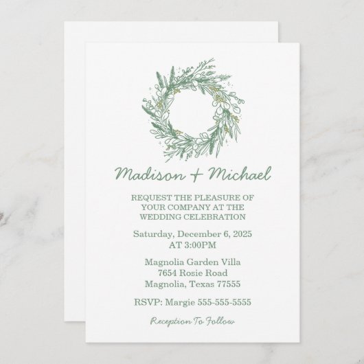 Elegante groene winter botanische krans bruiloft kaart (Voorkant / Achterkant)