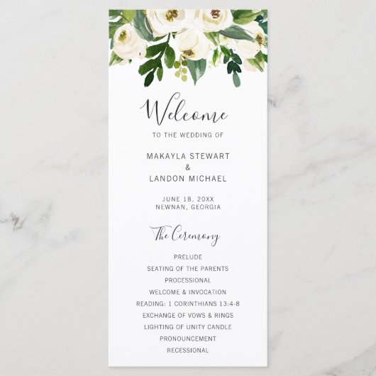 Elegante groene witte bloemen bruiloft programma (Voorkant)