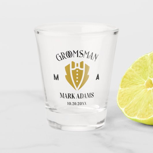 Elegante Groomsmen Gift Tuxedo Custom Monogram Shot Glas (Voorkant)