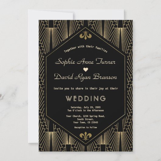 Elegante Grote Gatsby Gold Art Deco bruiloft Kaart (Voorkant)