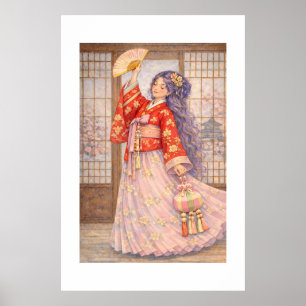 Elegante Hanbok met waaier Poster