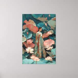Elegante Hanbok-vrouw in roze lotustuin Canvas Afdruk