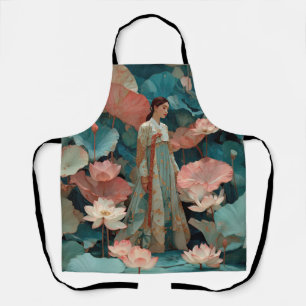Elegante Hanbok-vrouw in roze lotustuin Schort