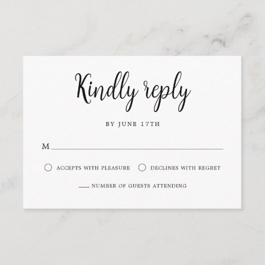 Elegante hand belettering zwart wit bruiloft RSVP kaartje (Voorkant)
