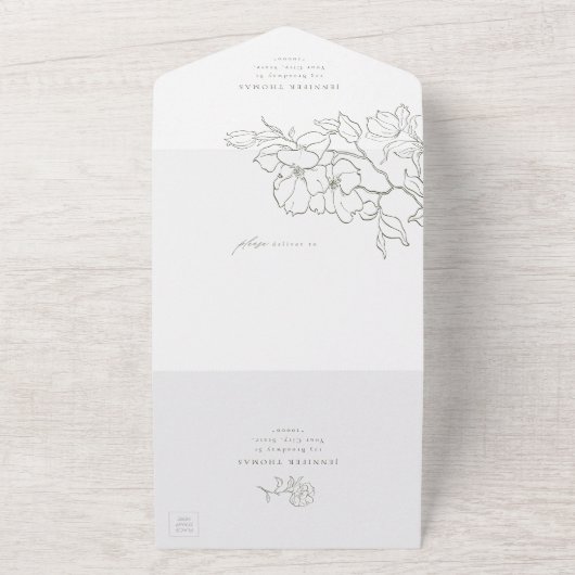 Elegante hand getrokken bloemensalie groene bruilo all in one uitnodiging (Buitenkant)