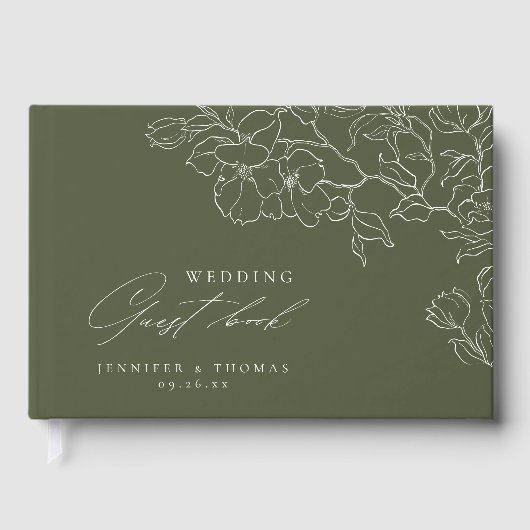 Elegante hand getrokken bloemensalie groene bruilo gastenboek (Voorkant)