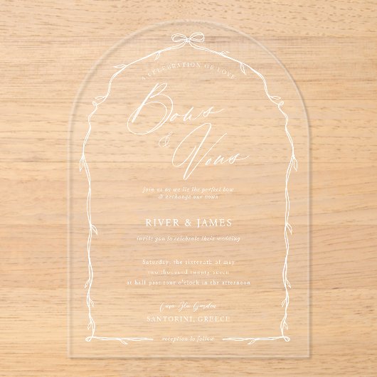 Elegante Hand Getrokken Chic Bow & Lint Boog Weddi Acryl Uitnodigingen (Voorkant)