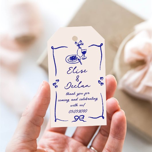 Elegante hand getrokken retro blauwe bruiloft cadeaulabel