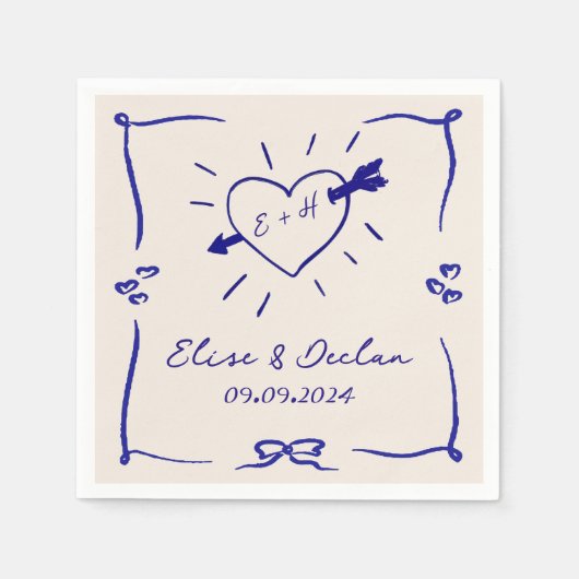 Elegante hand getrokken retro blauwe bruiloft servet (Voorkant)