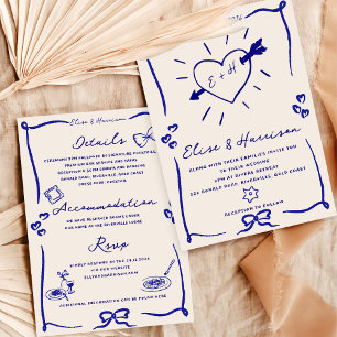 Elegante hand getrokken retro blauwe bruiloft uitn kaart