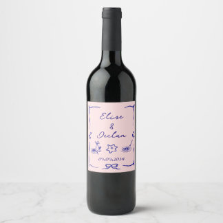 Elegante hand getrokken retro blauwe bruiloft wijn etiket