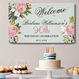 Elegante handgeschilderde bloem 90e verjaardag Wel Spandoek