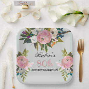 Elegante handgeschilderde bloemenfeest 80e verjaar papieren bordje