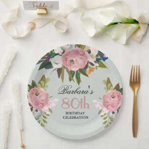 Elegante handgeschilderde bloemenfeest 80e verjaar papieren bordje