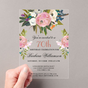 Elegante handgeschilderde bloemige 70ste verjaarda acryl uitnodigingen