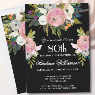 *Elegante handgeschilderde bloemige 80ste verjaard Kaart